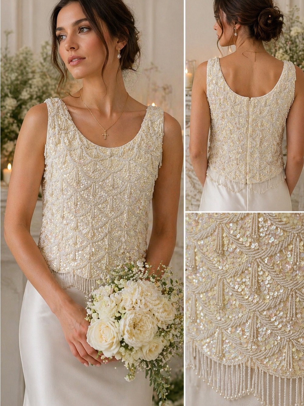 Vintage Beaded Sequin Fringe Top Ivory Bridal Y2K Art Deco Tank Handmade Sz M
